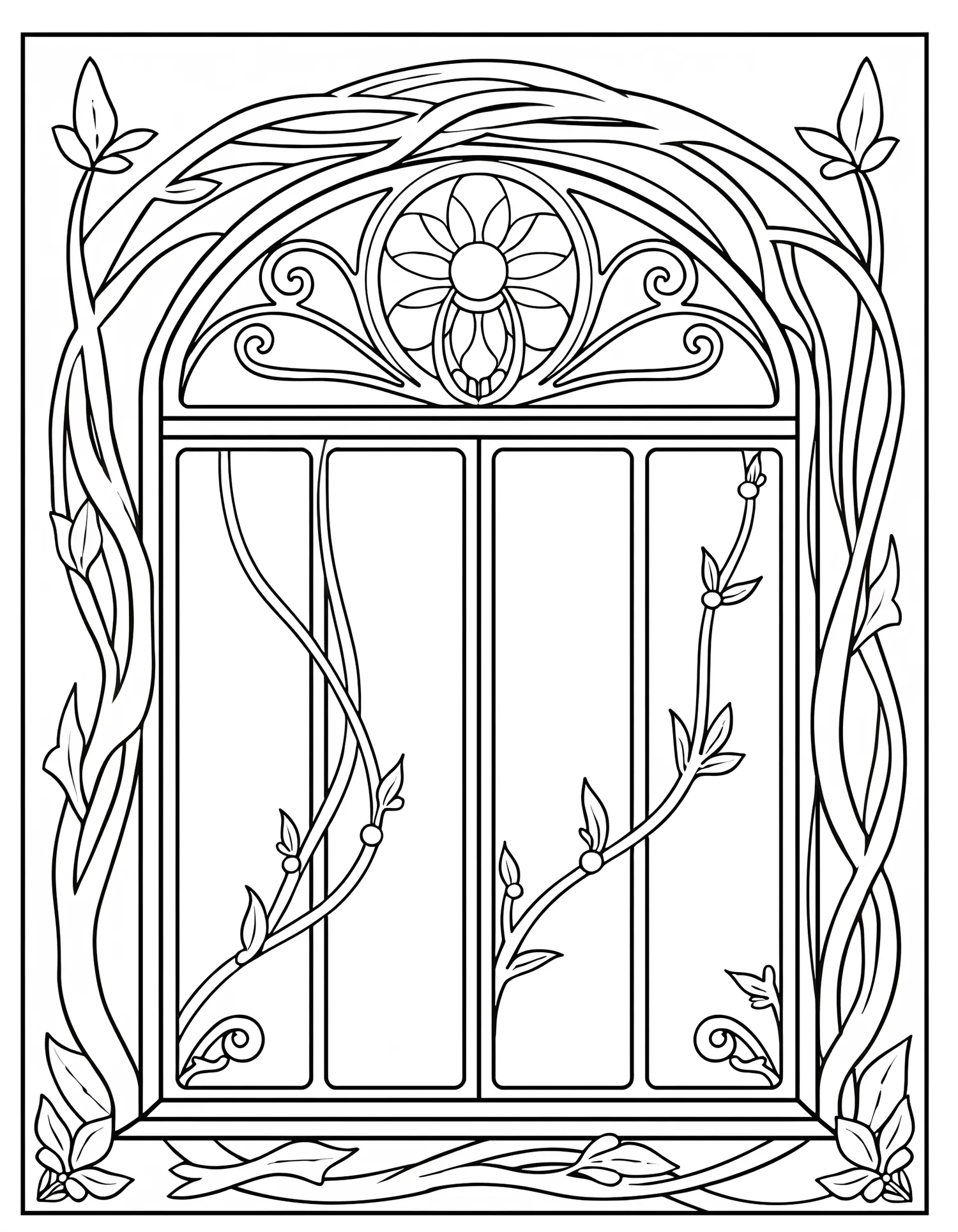 Fenêtre Végétale Art Nouveau — Coloriage vintage à imprimer gratuitement